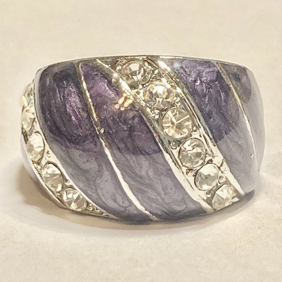 Vintage Purple Enamel Cocktail Ring Silver Plated Crystal Rhinestone Size 7 Boho - Picture 4 of 11